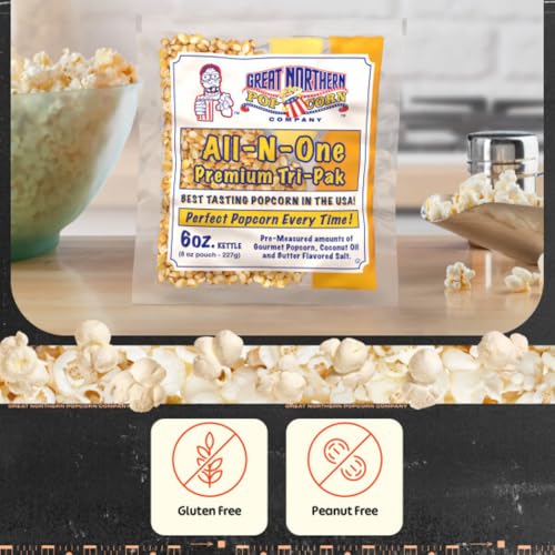 Image of 6oz Popcorn Machine Popcorn Packets - All-in-One Movie Theater Style Popcorn Kernels, Salt, and Oil Packs by Great Northern Popcorn, 6 Ounce (Pack of 24)
