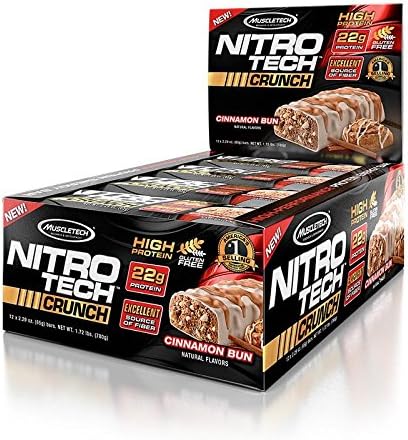 MuscleTech Nitro Tech Crunch Protein Bars, Cinnamon Bun, 22 Grams Protein, 5 Grams of Fiber, 240 Calories, Low Carb, Gluten Free, 65g Bars, 12 Count