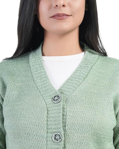 Image of MANRA Women's Woolen V-Neck Buttoned Full Sleeve Cardigan Self Design Soft Wool Fabric Winter Wear Pure Wool Sweater Fully Warm with Front Pockets Stylish Cardigan