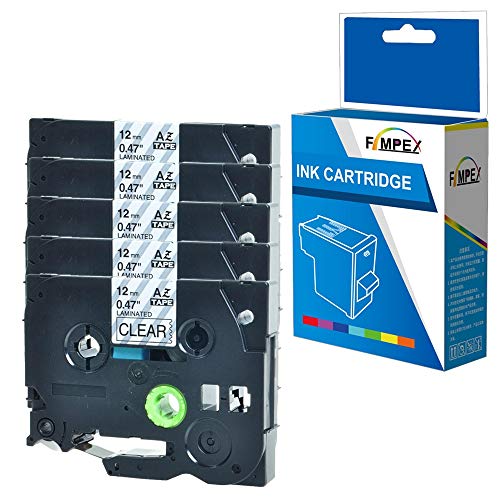 Fimpex Compatible Cassette 1/2" (12mm) Remplacement pour Brother GL-100 200 200VP H100 H105 H105VP PT-1000 1000P 1005BTS 1005F 1005FB 1010 1080 1090 1230PC 1260VP 1280 TZ131 (Noir sur Clair, 5-Pack) Cover