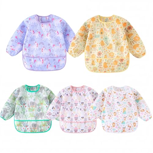 Yunguui Bavoirs Manches Longues,Lot de 5, Imperméable Bebe Enfant Bavoir Tablier 5 à 30 Mois