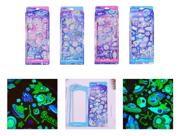 Deoxy Pack of 4 Design Mix Puffy Glow in Dark Space 3D Puffy Stickers for Kids and Toddlers, Self Adhesive Cute Stickers for Girls and Boys, Arts Crafts Accessories(Sent 1 Any Design)