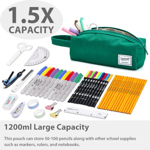 Image of SPACEMATE Pencil Case Pouch Box Bag School Supplies Girls Boys Kids, Cute Preppy Stuff Large Big Capacity Aesthetic Canvas Pen Organizer, Back to College Stationary, Green, Simple Style, 1200ml