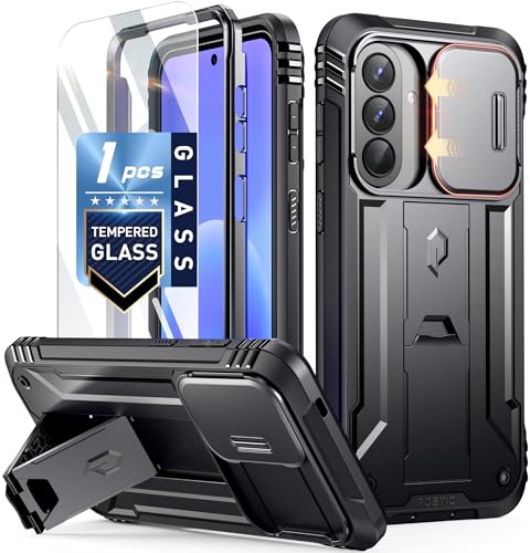 Poetic Revolution Case for Samsung Galaxy A57, | Slide Camera Cover | Tempered Glass Screen Protector | 20FT Mil-Grade Drop Tested | Full-Body Rugged Dual-Layer Shockproof Cover with Kickstand, Black