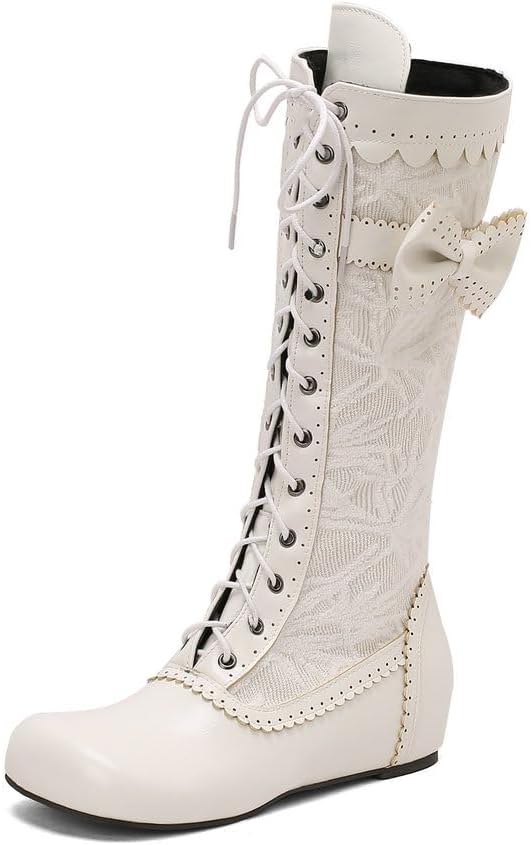 Lolita Shoes for Women Victorian Boots Height Increasing Lace Up Cute Bow Knot Cosplay Costumes Mid-Calf Goth Booties