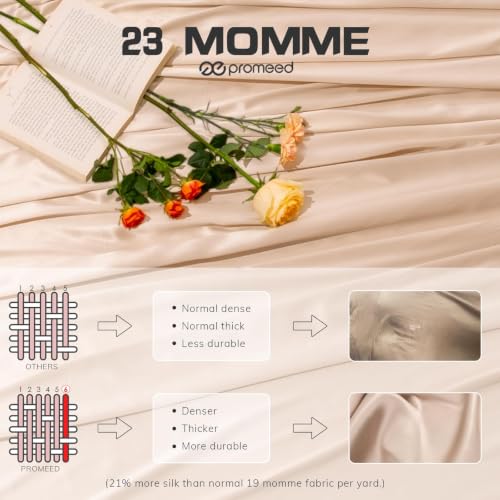 Image of PROMEED 100% 23 Momme Mulberry Silk Sheets Queen Set 4pcs, Champagne