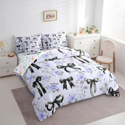 Image of Black Bow Tie Bed in a Bag King Size Comforter Set 7-Piece Boho Floral Pink Flowers Bedding Sets Cute Princess Bow Comforter and Sheet Set, Girly Ribbon Bowknot Room Decor,Kawaii Room Decor Aesthetic