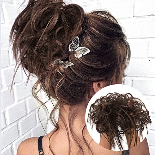 HANYUDIE Messy Bun Hair Piece Synthetic Messy Bun Scrunchies Extensions Hairpiece Curly Wavy Messy hair pieces for women (Medium Warm Brown)