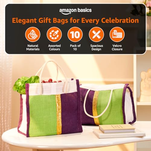 Image of Amazon Brand - Solimo Thamboolam Gift Bag | Pack of 10 | Reusable & Durable | Assorted Colours Green /Purple /Cream