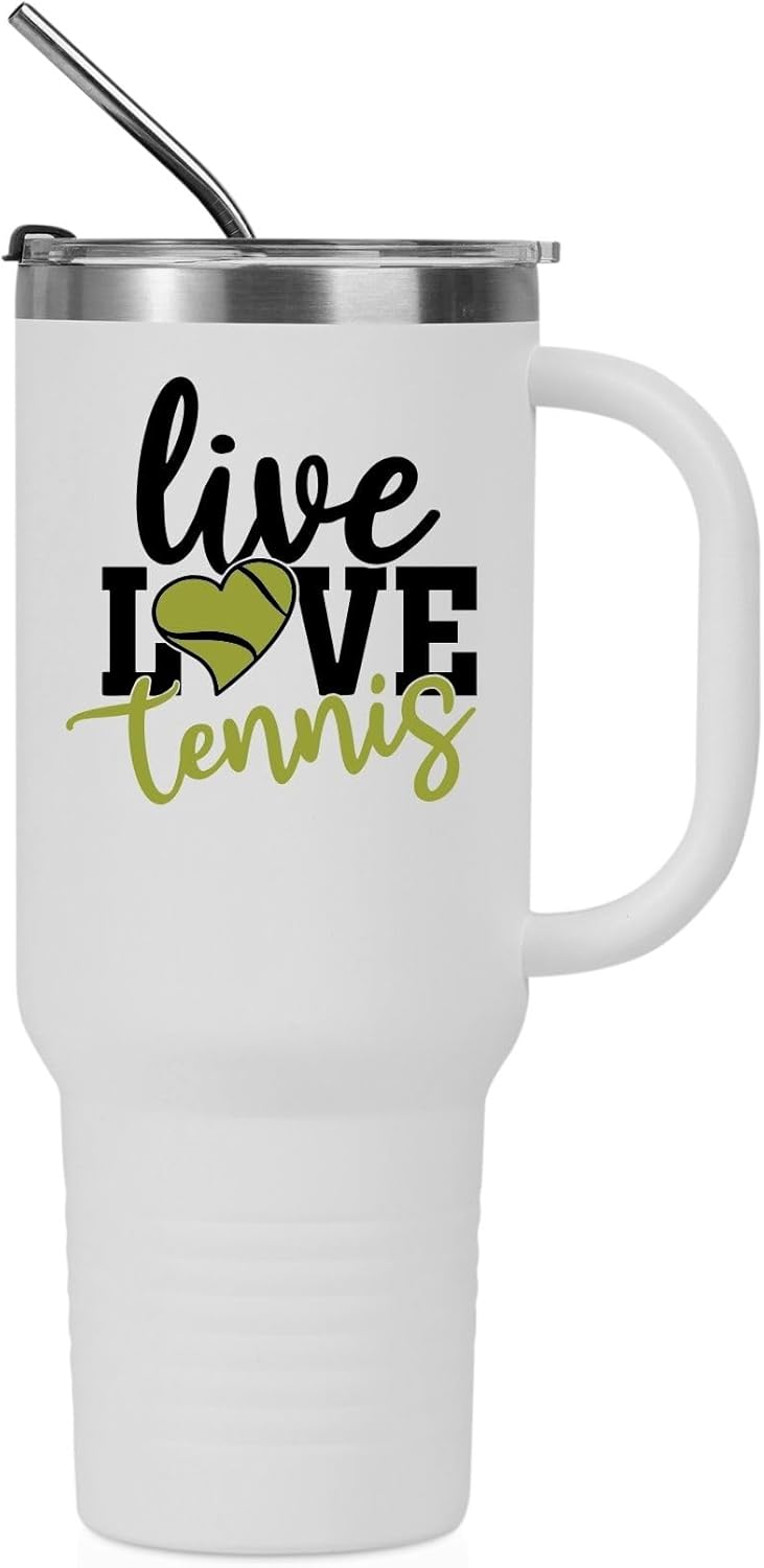 Onebttl Tennis Gifts for Women, Teen Girls, Coaches, Senior Night 2025, Insulated 40oz Stainless Steel Tumbler with Handle and Straw Lid - Live Love Tennis, White