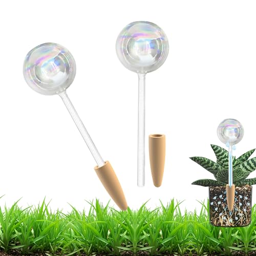 HyJeryty Non-Clogging Iridescent 2 Pack Ball Plant Watering Globes with Terracotta Spikes, Hand Blown Glass Self Watering Planter Insert Plant Watering Devices Bulbs for Indoor and Outdoor Plants