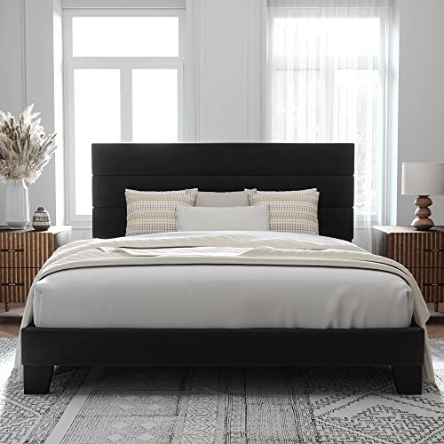 image for Allewie King Size Platform Bed Frame with Velvet Upholstered Headboard