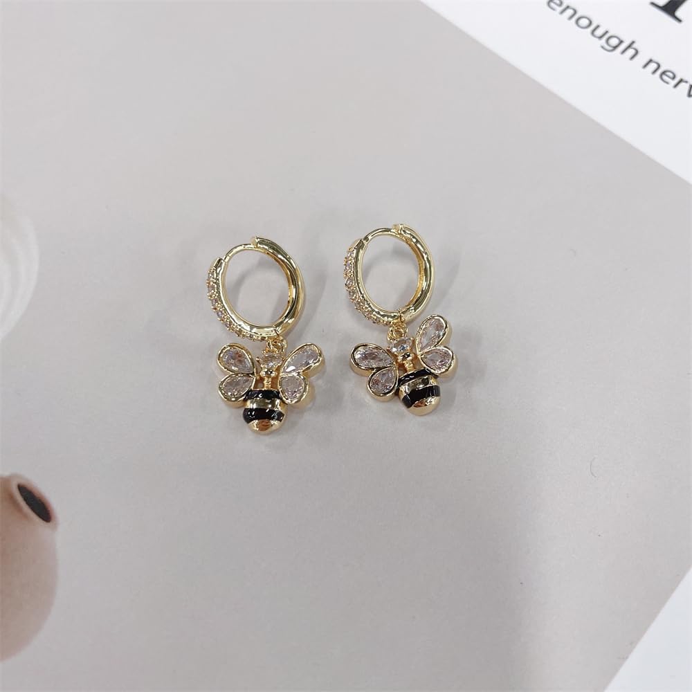 Cute CZ Bee Dangle Drop Earrings for Women 14k Gold Plated Dainty Crystal Honeybee Animal Charm Statement Dangling Huggie Hoop Hypoallergenic Fashion Jewelry for Her - Image 4