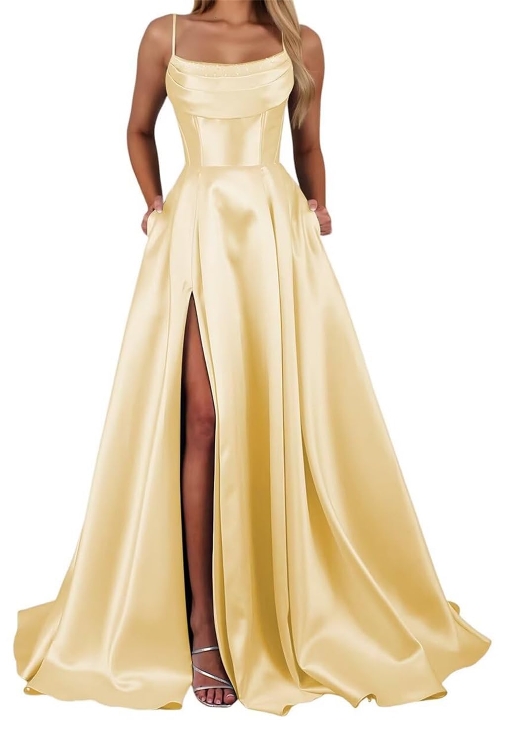 Yiann Women's Yellow Satin Bridesmaid Dresses For With Slit Pleated Spaghetti Strap Long Prom Ball Gown Uk12