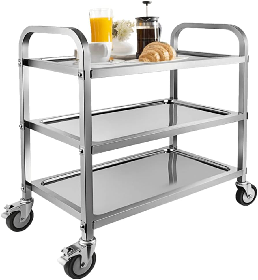 3 Tier Stainless Steel Utility Cart Trolley Shelf Kitchen Utility Service Cart Catering Storage Cart with Locking Wheels for Kitchen Hotel Restaurant Cafe Home L30 x W16 x H33