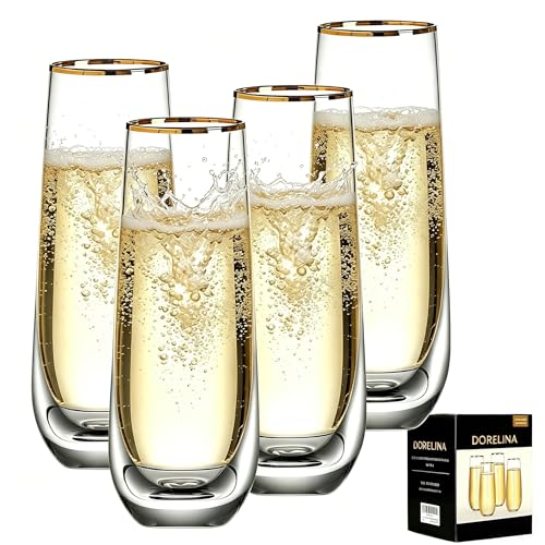 DORELINA Stemless Champagne Flutes Set of 4, Gold Rim...