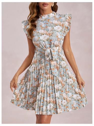 Image of Milumia Women's Floral Print Ruffle Cap Sleeve Short Dress Belted Pleated Casual Dresses