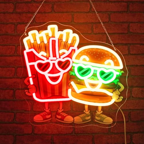 Image of Burgers Neon sign - JGHTURIE Hamburger and French Fries Neon Signs for Wall Decor LED Light up UV Printed Preparatory Home Restaurant Club Decoration USB Powered