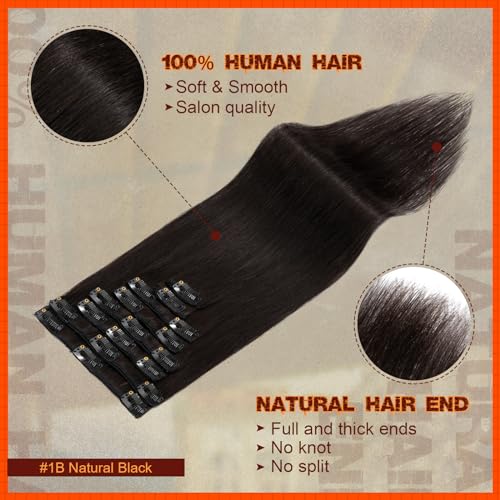 Image of Benehair Clip in Hair Extensions Real Human Hair, Blonde Hair Extensions Clip in Human Hair for Women, Long Straight, Remy Natural, Full Head 8pcs 8inch #1B Natural Black