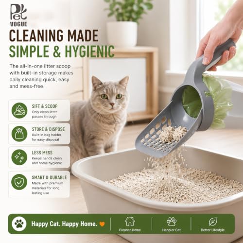 Image of PetVogue Cat Litter Scooper with Built-in Waste Container | One-Handed Cat Litter Scoop | Portable Deep Shovel | Durable Plastic Kitty Litter Cleaner | Easy Sifting Cat Litter Cleaning Tool