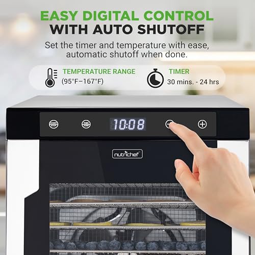Image of NutriChef Electric Countertop Food Dehydrator-900-Watt Premium Multi-Tier: Save Time v. 600W. Make Jerky, Dried Fruit /Veggies, Dog Treats, Yogurt, 10 Stainless Steel Trays, Digital Timer, Temp Control