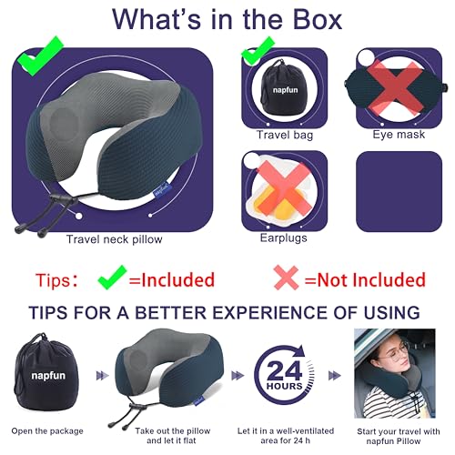 Image of napfun Neck Pillow for Traveling, Upgraded Travel Neck Pillow for Airplane 100% Pure Memory Foam Travel Pillow for Flight Headrest Sleep, Portable Plane Accessories, Deep Blue