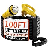 PlugSaf 50 Amp Generator Cord, 100FT 50 Amp RV Extension Cord with Twist Lock, Generator Cable 50A 4 Prong Yellow, NEMA 14-50P/SS2-50R Heavy Duty STW Wire for RV Camper & House