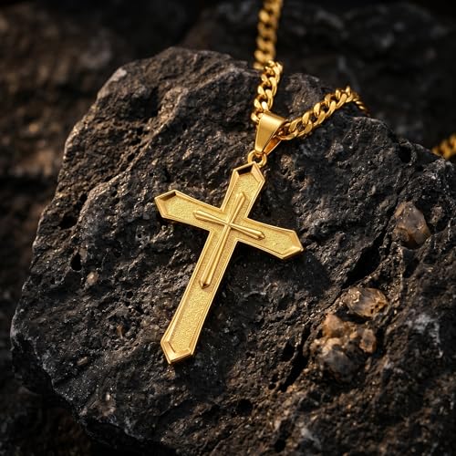 Image of Midari Gold Cross Necklace for Men 18K Gold Cross Pendant Minimalist Faith Necklace Christian Pendant Religious Gift