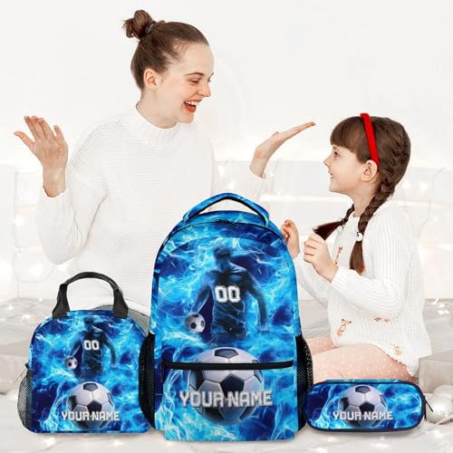 Custom Boys Backpack With Lunch Box, 3PCS Soccer Backpacks Matching Combo for Kids, Sport Blue 17 Inch Bookbag and Pencil Pouch Bundle for Primary School2