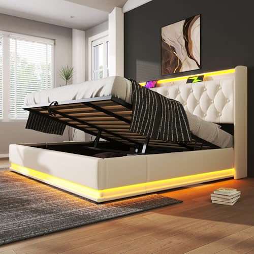 Dolamaní Polsterbett Doppelbett 180x200 cmOhne Matratze, Bett mit Stauraum und Lattenrost, Funktionsbett Polstertes Kopfteil, PU-Material, Weiß