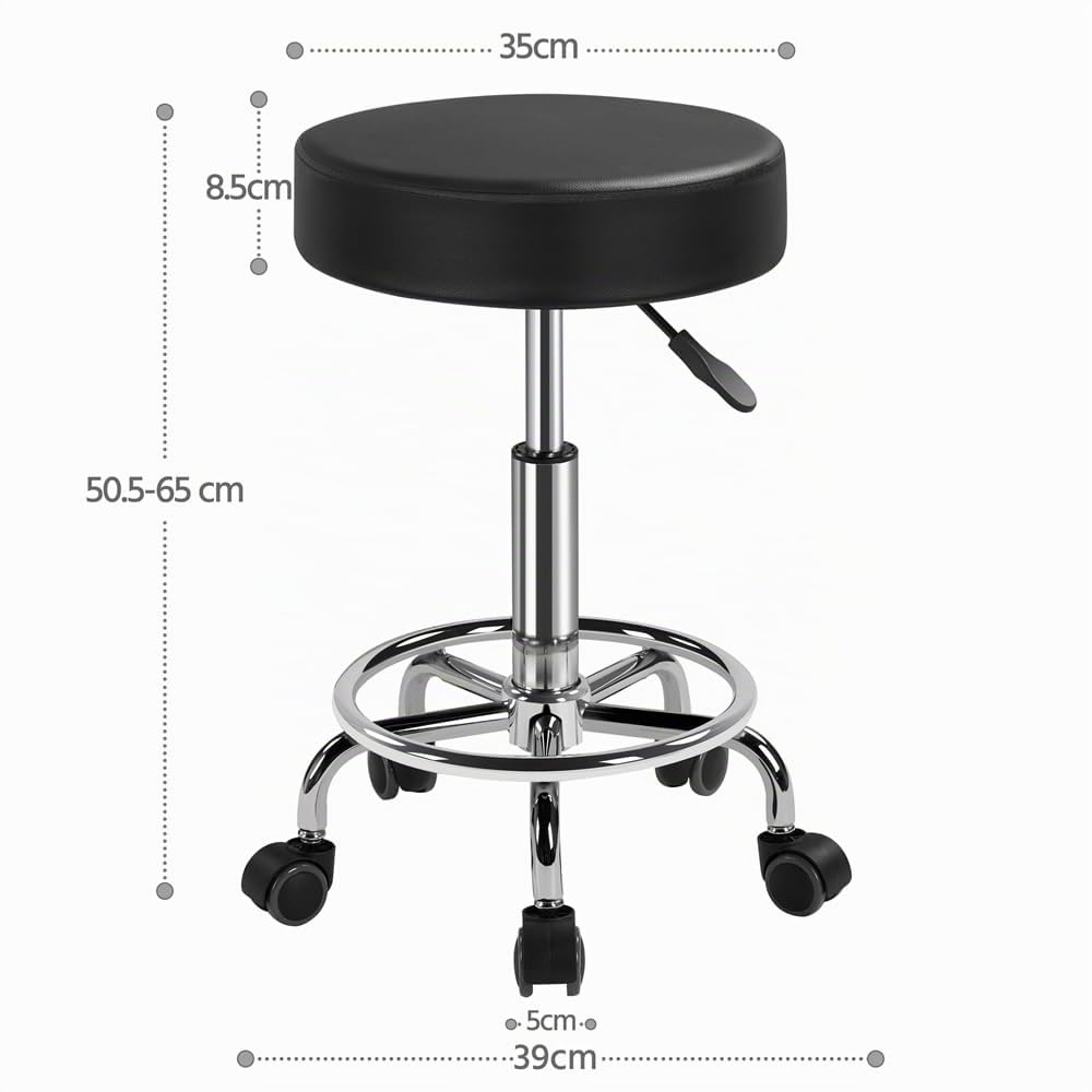 Yaheetech Taburete con Ruedas Taburete Giratorio 360° Silla de Salón para Salón de Belleza y Masaje Altura Regulable de 50,5 a 65 cm, Negro