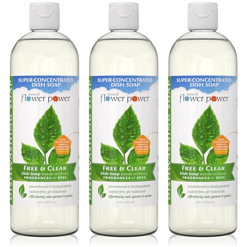 Image of Natural Flower Power Liquid Dish Soap - Free & Clear (Unscented) - Plant-Based & Scented w / Pure Essential Oils - Natural Dishwashing Detergent - Sulfate-Free Kitchen Soap - Vegan (16 Fl Oz 3 Pack)