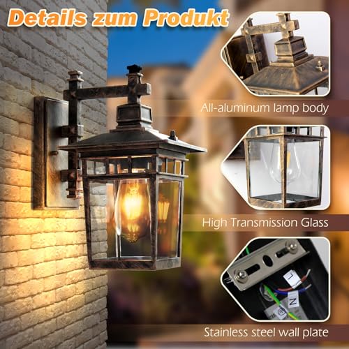 Wandleuchte aussen, Außenwandleuchten mit Klarglas, IP44 Wasserdicht, Retro E27, Außenlampen Beleuchtung Außenwandleuchte Verandaleuchten (Bronze) – Bild 6