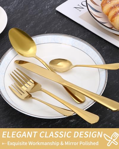 Besteck Set 12 Personen, 60-teiliges Goldenes Besteck, Hochglanzpoliert und Spülmaschinenfest, Elegantes Besteck Gold, mit Messer Gabel Löffel, für Haus, Party, Restaurant(Gold)