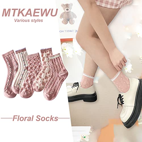 Image of 5 Pack Cute Womens Floral Socks, Vintage Embroidered Frilly Floral Ankle Cotton Cottagecore Socks