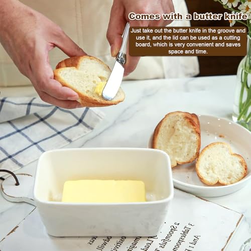 Burriera in ceramica, 500 ml, in metallo, contenitore per burro in porcellana, contenitore per burro in ceramica, con coperchio in bambù e coltello per burro, noci, formaggio (bianco) - immagine 6