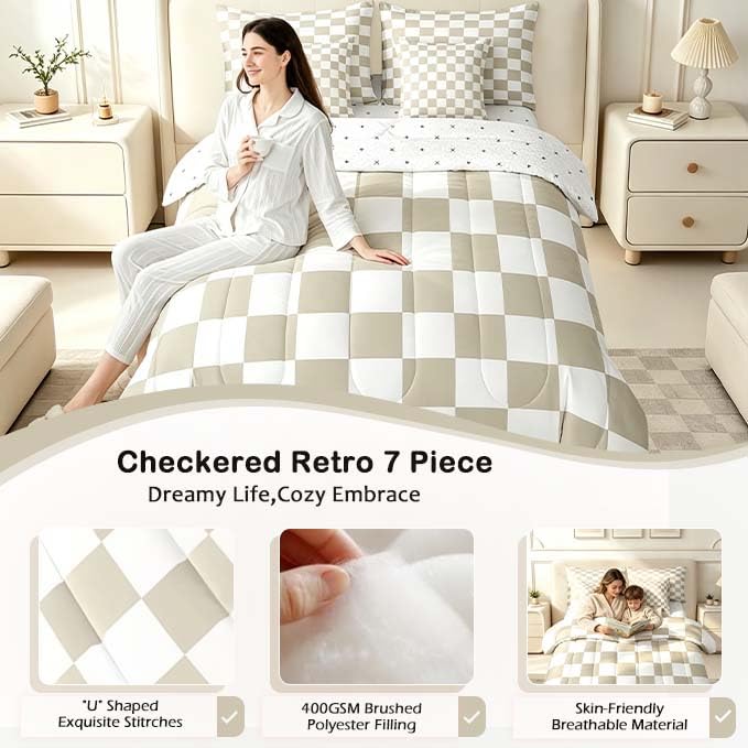 Image of Feelyou Checkered 7 Piece Bedding Set Teen Women Men Beige Plaid Comforter Set with Sheets Queen Size Kids Boys Cute Retro Neutral Checkerboard Geometric Bed in a Bag Vintage Aesthetic Room Decor