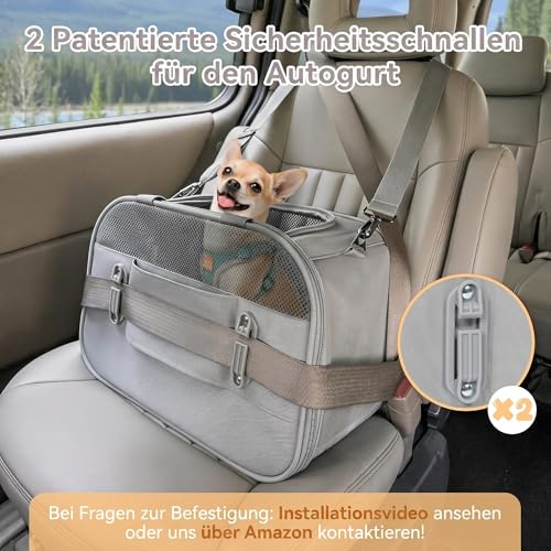 A 4 PET Transportbox Katze, Hundetasche Flugzeug für Kabine/Auto, Leicht Hunde Flugtasche mit patentieren Sicherheit Schnallen/4 Mesh/Aufbewahrungstasche, Grau