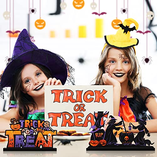 4 Pieces Happy Halloween Wooden Table Decorations Trick Or Treat Centerpieces Boo Spooky Halloween Table Signs Wood Pumpkin Witch Table Decor For Halloween Party Home Indoor Tabletop Desk #TOP6