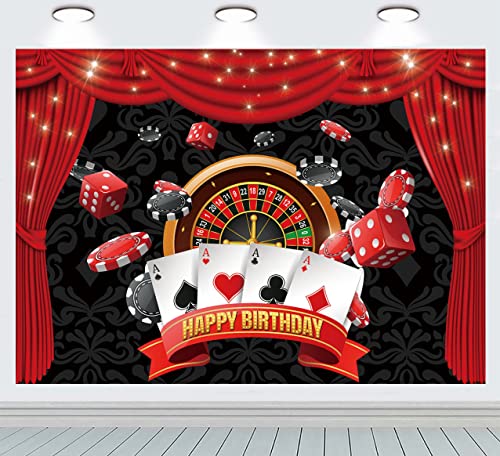 Las Vegas Casino Thème Joyeux Anniversaire Toile de Fond Casino Carnaval Nuit Fête Bannière Cartes à Jouer Dés Rideau Rouge Photographie Fond (2,1 x 1,5 m)