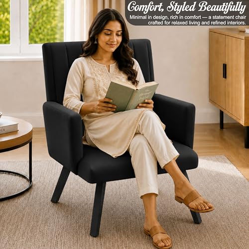 Image of Rosebell Modern Accent Chair for Living Room | Single Seater Chair with Armrests & Metal Legs | Comfortable Lounge Chair for Bedroom, Reading & Office | Black