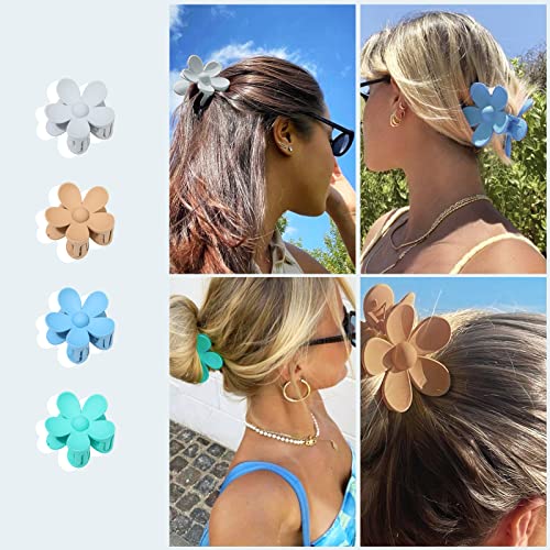 Flower Cute Hair Claw Clips - 4Pcs Flower Hair Clip Nonslip Strong Hold Hair 3 Inch Matte Small Flowers Claw Clips For Women And Girls(Gray+Blue+Khaki+Light Blue) #TOP2