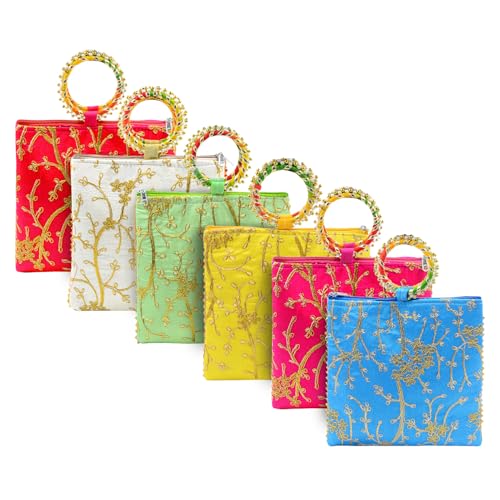 Image of Women Potli Bags Pack of 6 | Gifting Potli with Zip & Bangle Handle | Traditional Shagun Return Gifts Potli for Mehandi, Haldi, Baby Shower, Wedding, Sangeet (Embroidered)