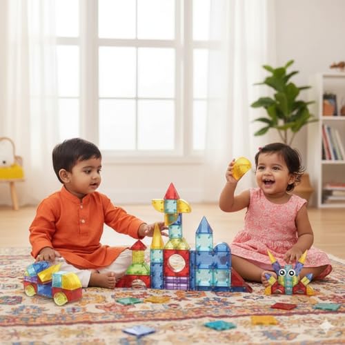 Image of ANVIE & ABEER Set of 40 Pcs Magic Magnetic Building Tiles for Kids, Educational Stacking Blocks for Boys Girls, Easy Edition (3D Blocks 40 Pieces Magic Building Blocks)