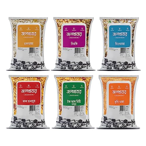 JOLKHABAR | Chanachur Mensual Combo Pack de 6 | Tok Jhal Misti - Jhal - Badamjhuri - (180 g x 3) - Chal Bhaja - Chire Bhaja - Nimki (120 g x 3) | Auténtico Chanachur tradicional Bangali - Paquete de 6