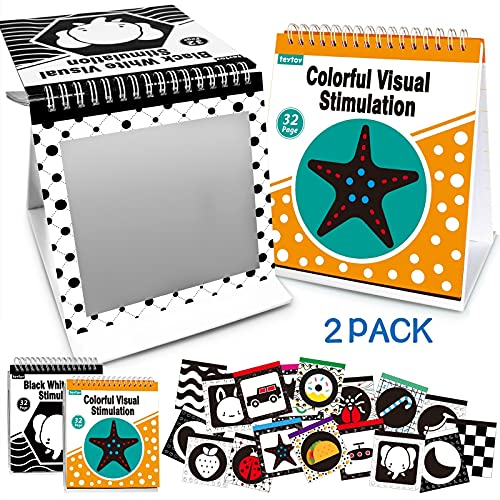 Image of teytoy 2 Packs Tummy Time Mirror with Baby Black and White Book Boys Girls, High Contrast Flash Card Baby Toys, Baby First Year Gifts for Newborn Infant Toddler Kids 0 3 6 9 12 Months