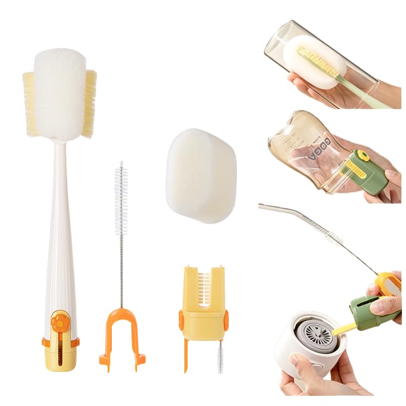 5-in-1 Multi-Functional Bottle Cleaning Brush Set, Long Handle Cup Cleaner with Soft Bristles, for, Straws, Nipples, Water Bottles and Tumblers (White)
