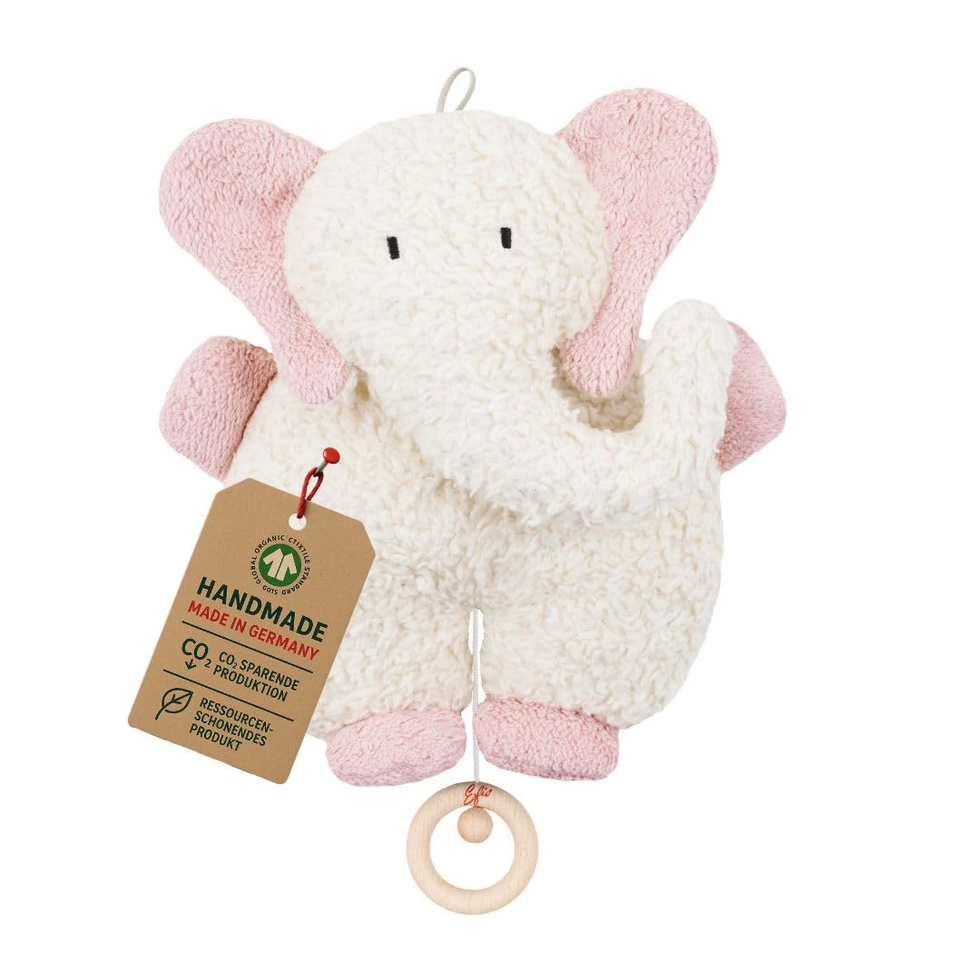 Efie Bio - Spieluhr Elefant rosa - kontrolliert biologischer Anbau (organic) - Made in Germany - GOTS zertifiziert – nachhaltig - Melodie Mozart (Schlafe mein Prinzchen schlaf ein)