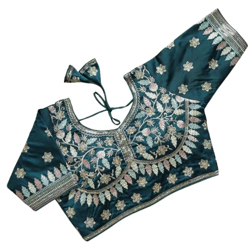 Dark Teal Satan Silk Free Size Stitched Blouse with Traditional Embroidery Work-image-5