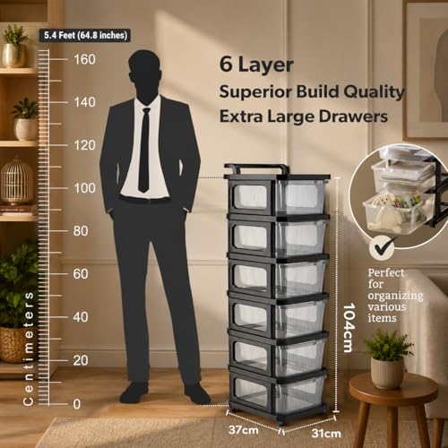 Image of URBAN LUXY Plastic Storage Drawer Organizer with Wheels | 6 Layer Multi-Purpose Chest of Drawers for Home, Office & Bedroom | Clothes, Toys & Stationery Organizer | (Transparent Black)